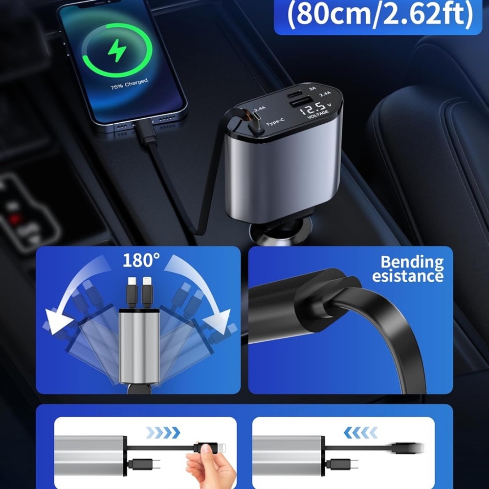 New 4 in 1 Black and Silver Car Retractable Charger with LED Display